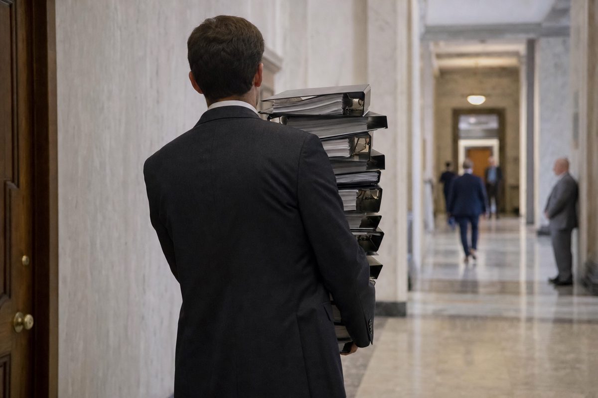 Documentary-style photograph of an anonymous diplomatic staff member seen from behind carrying an oversized stack of plain binders through a government.