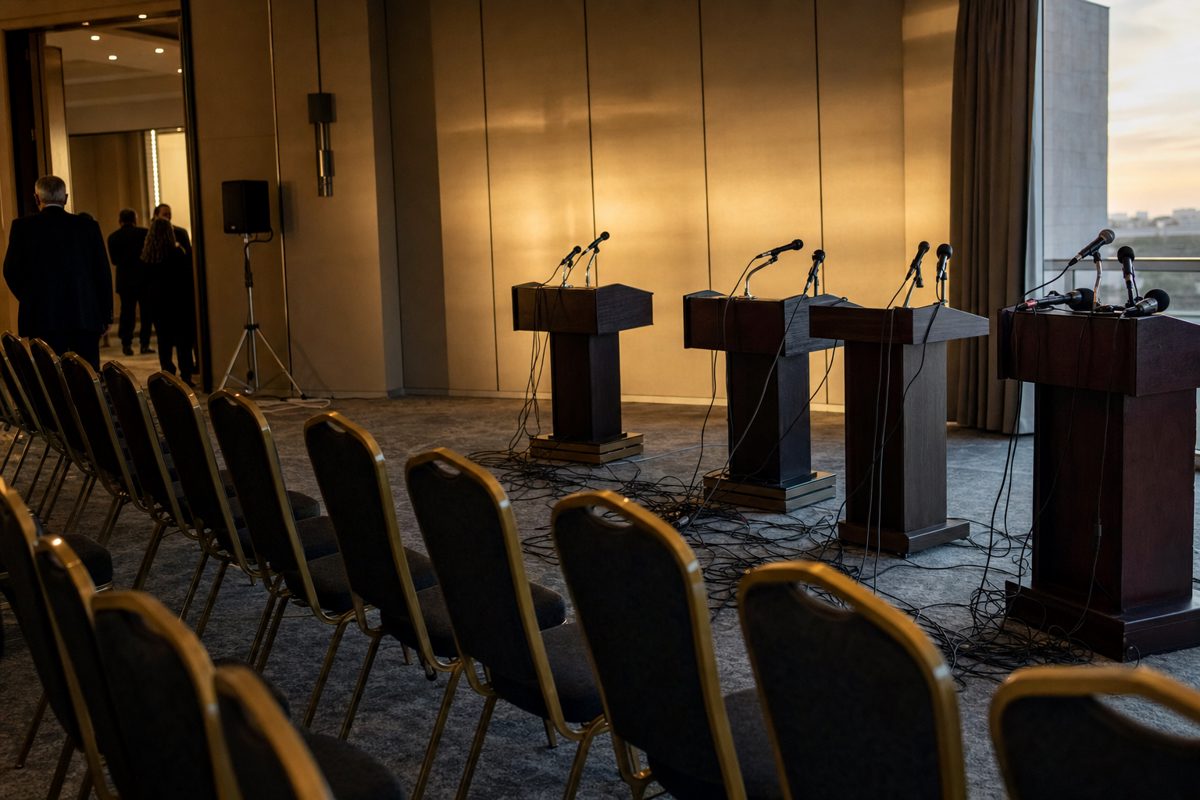 Quiet press-room photograph after a briefing, rows of empty chairs facing several unoccupied lecterns and tangled microphone cables, evening light, no logos.
