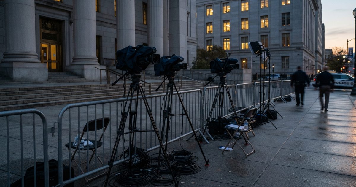A restrained documentary-style press photograph outside a courthouse at dusk, showing television cameras, empty reporter positions and coiled broadcast cables.