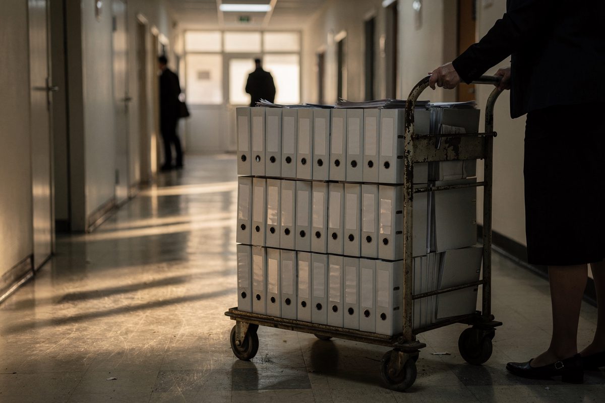 Wide shot down a long ministry corridor in late afternoon, a part-cropped figure pushing a metal trolley loaded with empty ring binders past closed office.