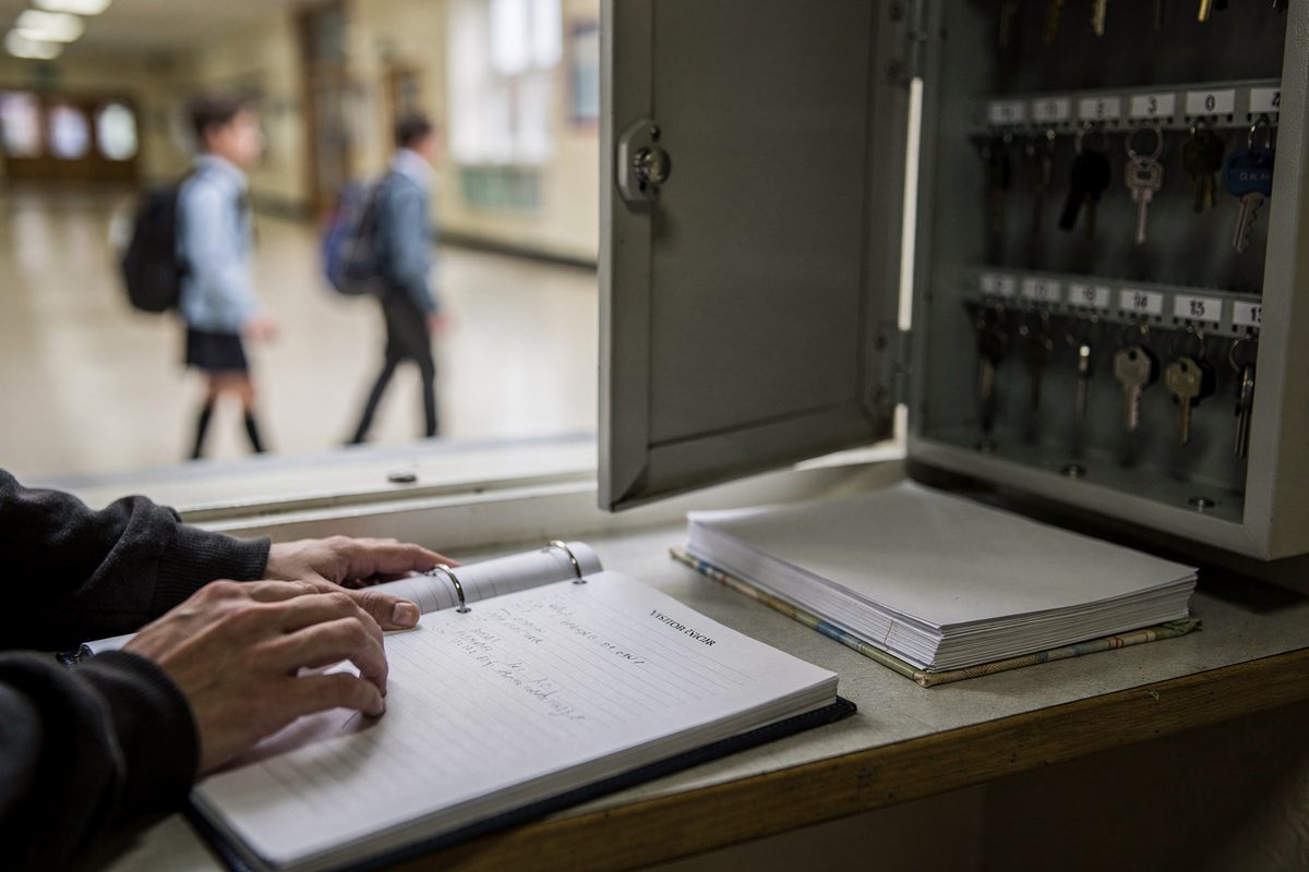 Tight detail of a school reception counter in flat northern daylight, a hand resting on an open visitor sign-in book beside a wall-mounted key cabinet, blurred.