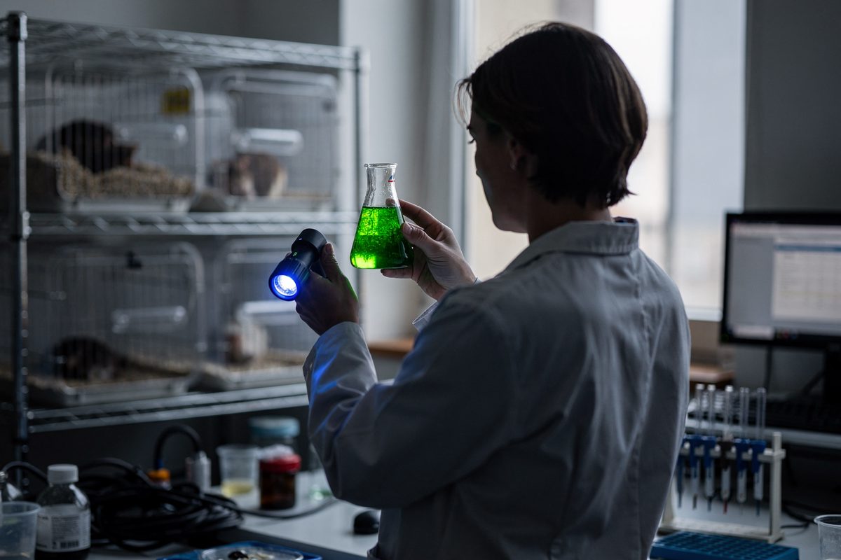 Medium shot in a university neuroscience lab in cold north window light, a researcher turned away toward the window holding a flask of green algae culture up.