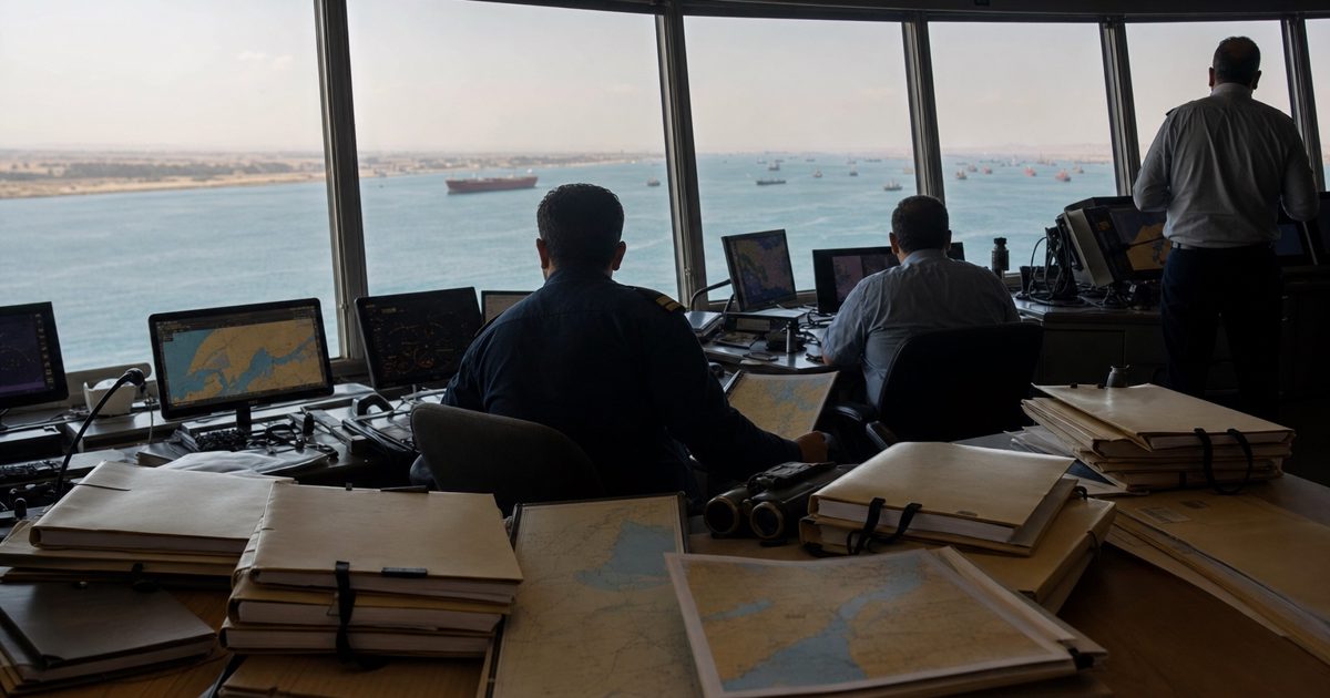 A realistic editorial news photograph of an anonymous maritime operations room overlooking a busy strategic waterway, with officials seen from behind studying.