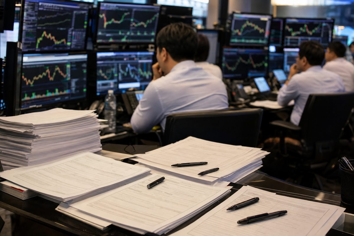 A realistic news photograph of anonymous energy traders at desks watching market charts while paper forms and pens sit in the foreground, tense professional.