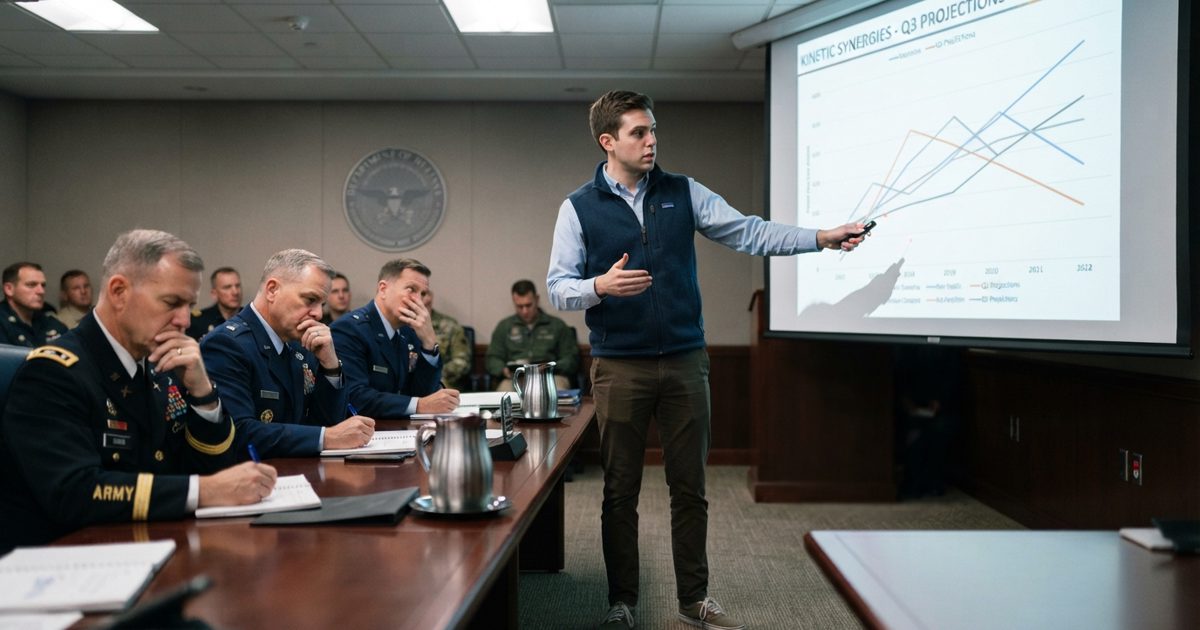 A wide, sterile Pentagon briefing room where an intense young man in a fleece vest and sneakers is pointing a laser pointer at a complex line graph labelled.