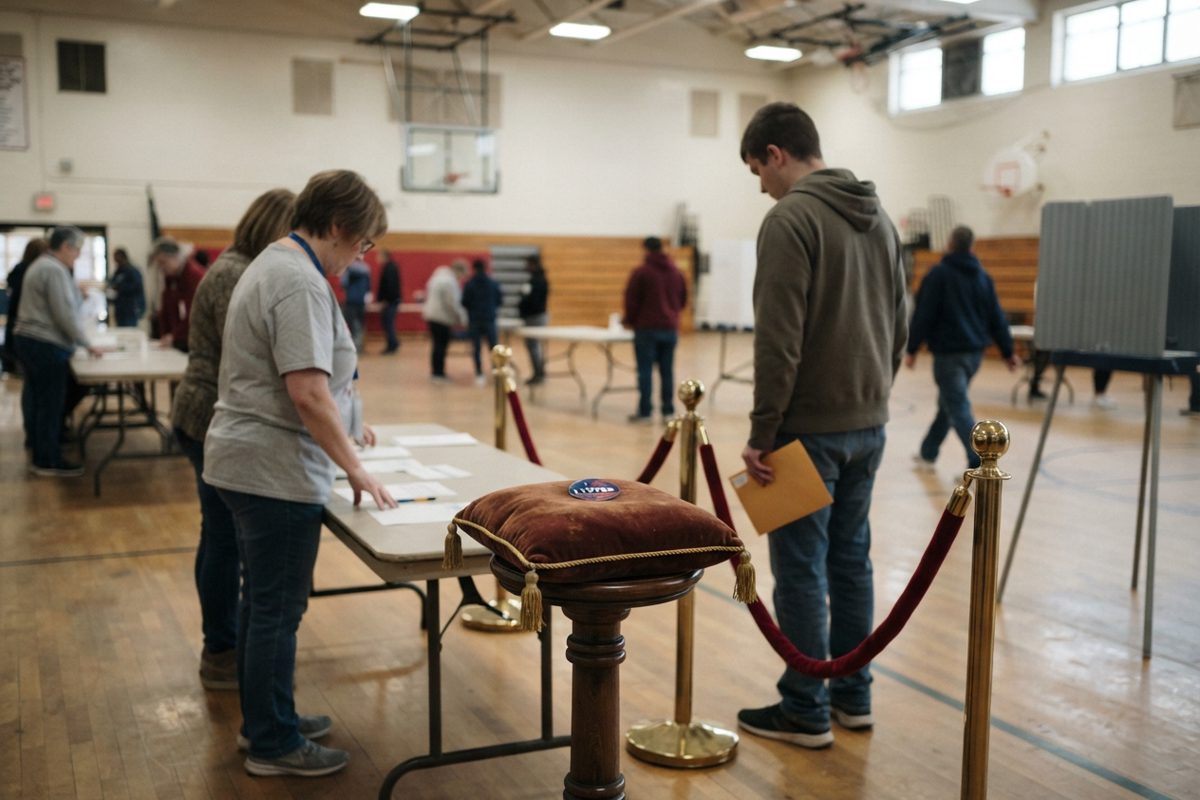 A mundane polling station in a high school gymnasium, but decorated with absurdly regal velvet ropes and a small velvet cushion holding an 'I Voted' sticker.