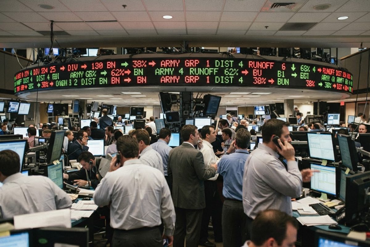 A blurred, chaotic stock exchange floor, but the electronic ticker tape overhead is displaying military troop movements and primary election runoff percentages.