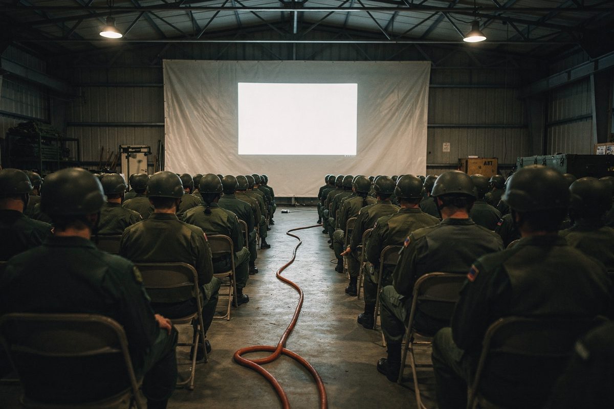 Wide shot from behind hundreds of seated uniformed personnel in a hangar, all facing a bright rectangle of light on a hung tarpaulin, harsh work lamps.