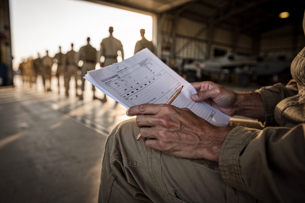 Tight close-up of hands holding a stapled paper questionnaire and a stub of pencil on a khaki knee, warm late-afternoon light through an open hangar door.