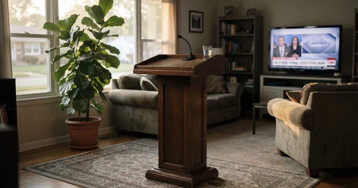 An empty wooden press lectern standing in a modest suburban living room beside a leafy houseplant and a muted television, late afternoon light from a window.