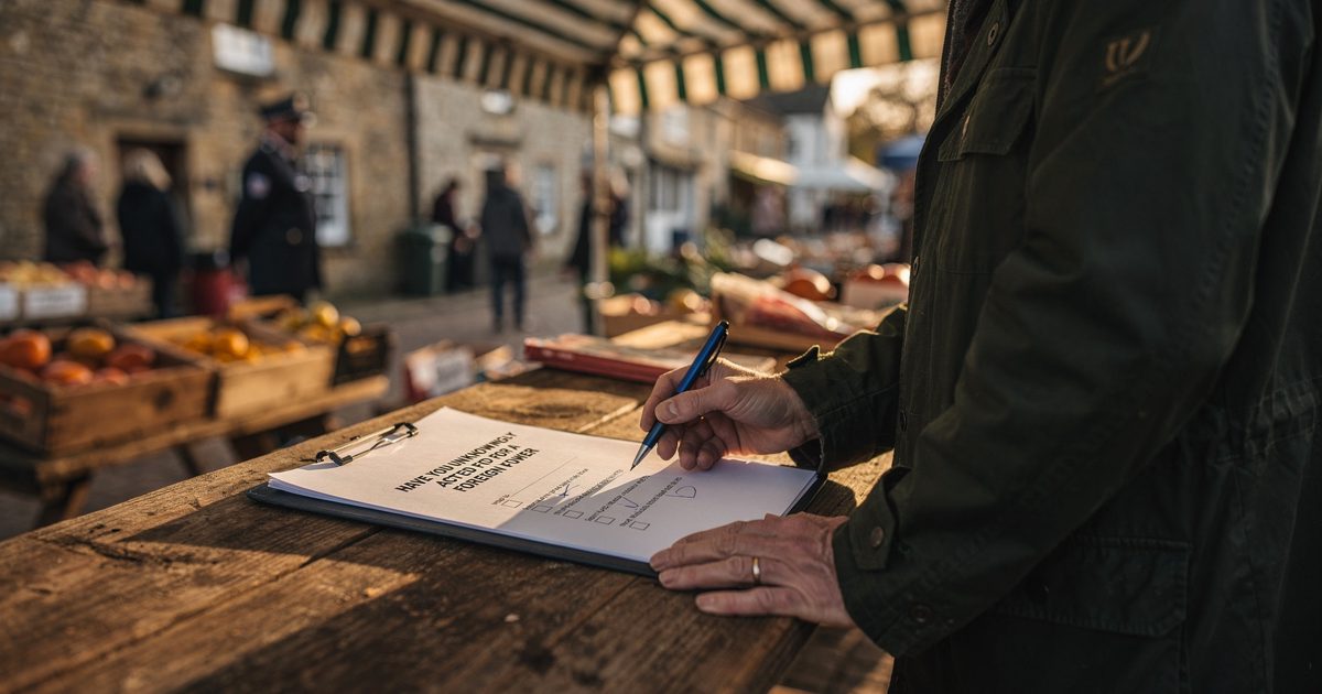 Medium shot beneath the striped canopy of a Cotswold market stall in sharp low autumn sunlight, a shopper in a waxed jacket seen from the shoulders down.