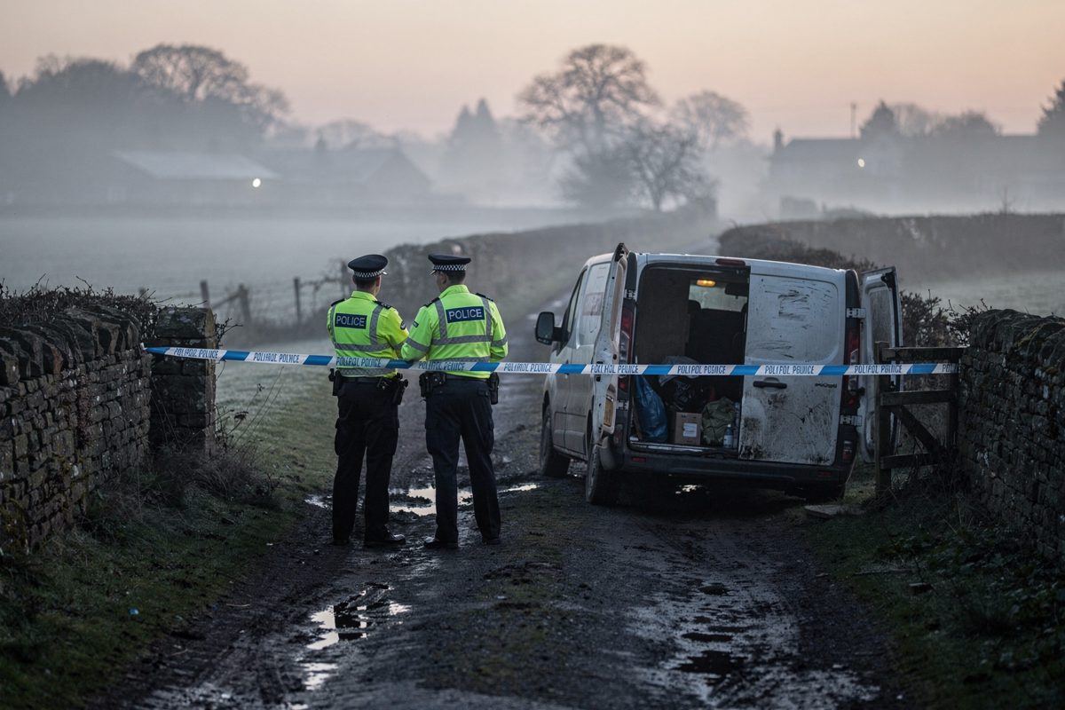 Wide shot at first light along a narrow lane between drystone walls outside Fairford, mist lying in the fields, a white hire van parked askew in a farm gateway.