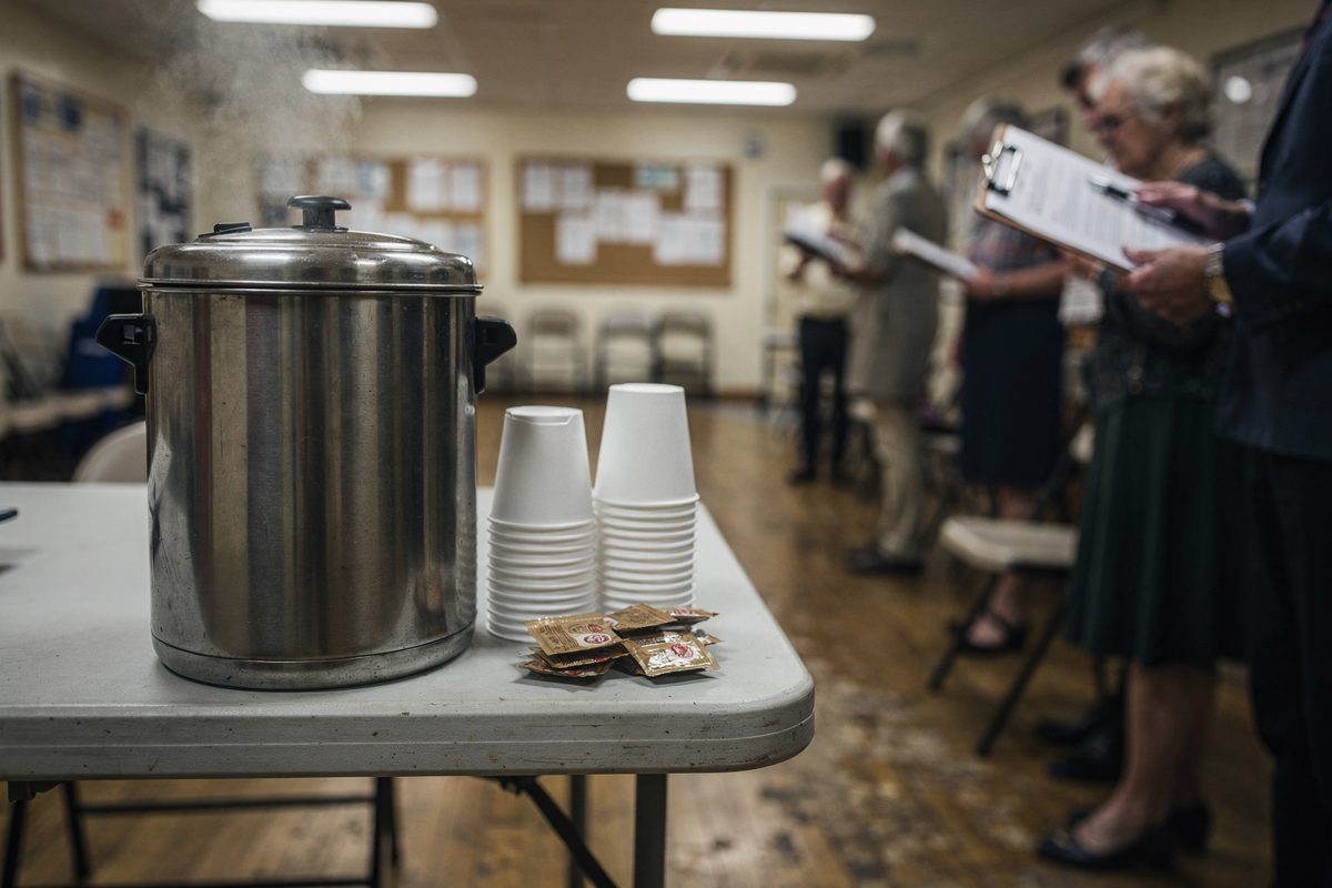 Close shot under harsh strip lighting inside a village community centre hall at midday, a stainless steel tea urn steaming on a folding table with a stack of.