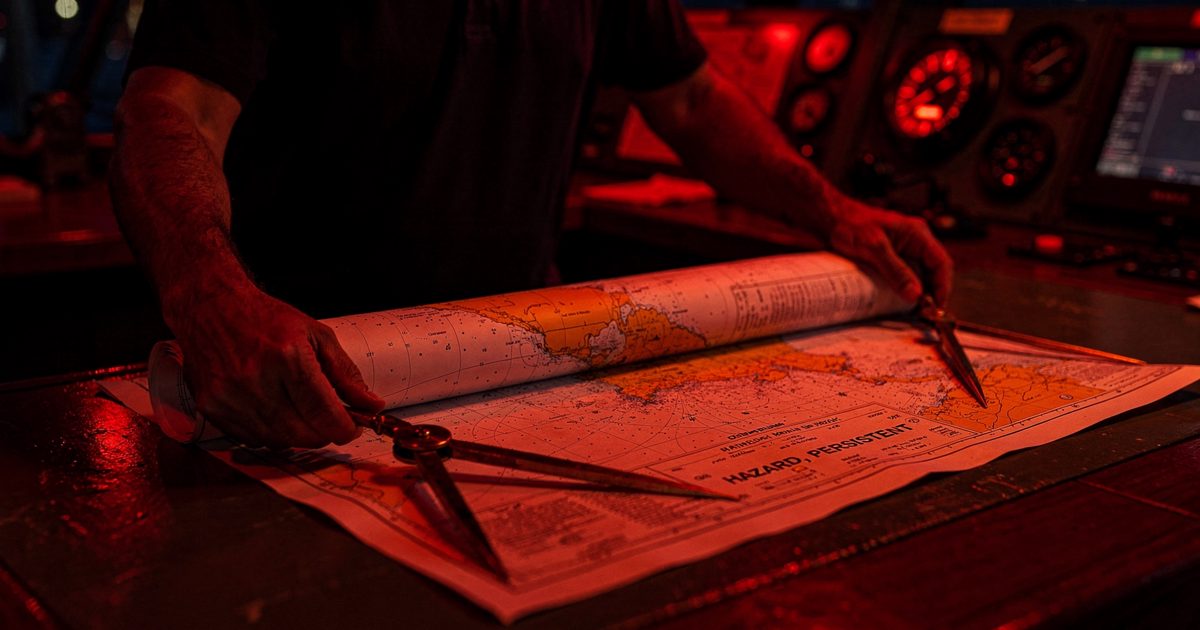 Medium shot at night in the chart room of a merchant ship lit red by instrument lamps, a navigator cropped at the collar unrolling a fresh paper chart edition.