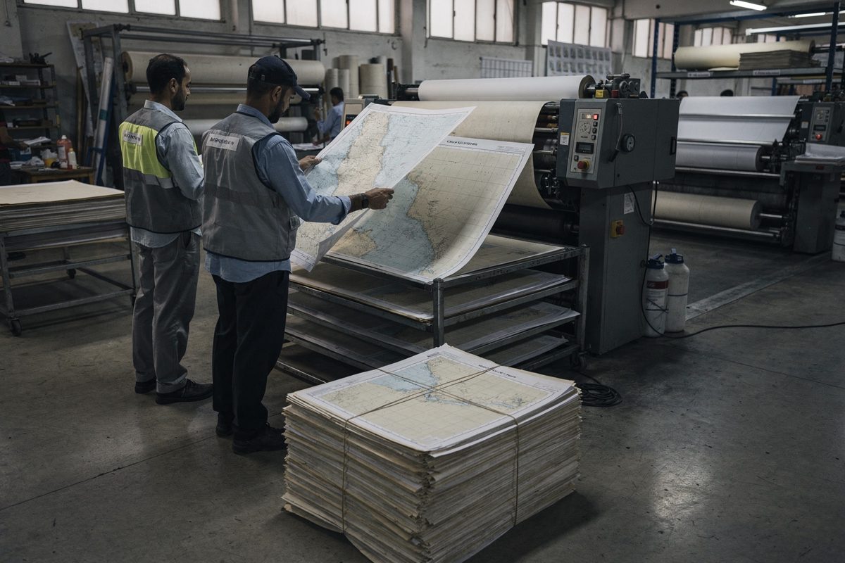 High wide shot across the printing floor of a hydrographic office in cool morning light, three workers cropped at the shoulders lifting freshly printed chart.