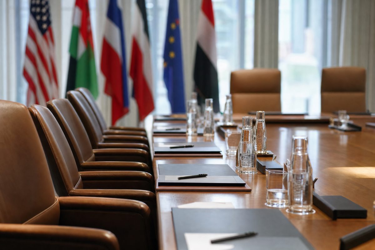 Wide press photograph of an empty international conference room after negotiations, flags out of focus, water glasses and closed folders on a long table, no.