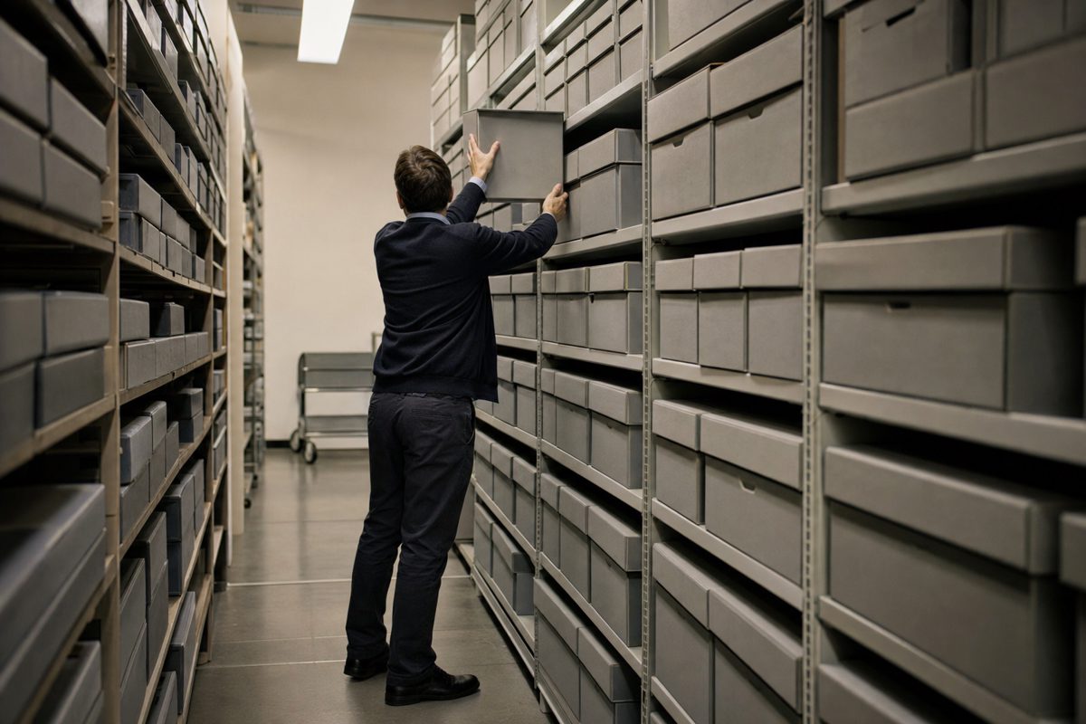 Realistic archival photograph of a civil servant viewed from behind placing an unmarked document box onto tall shelves in a government records room.