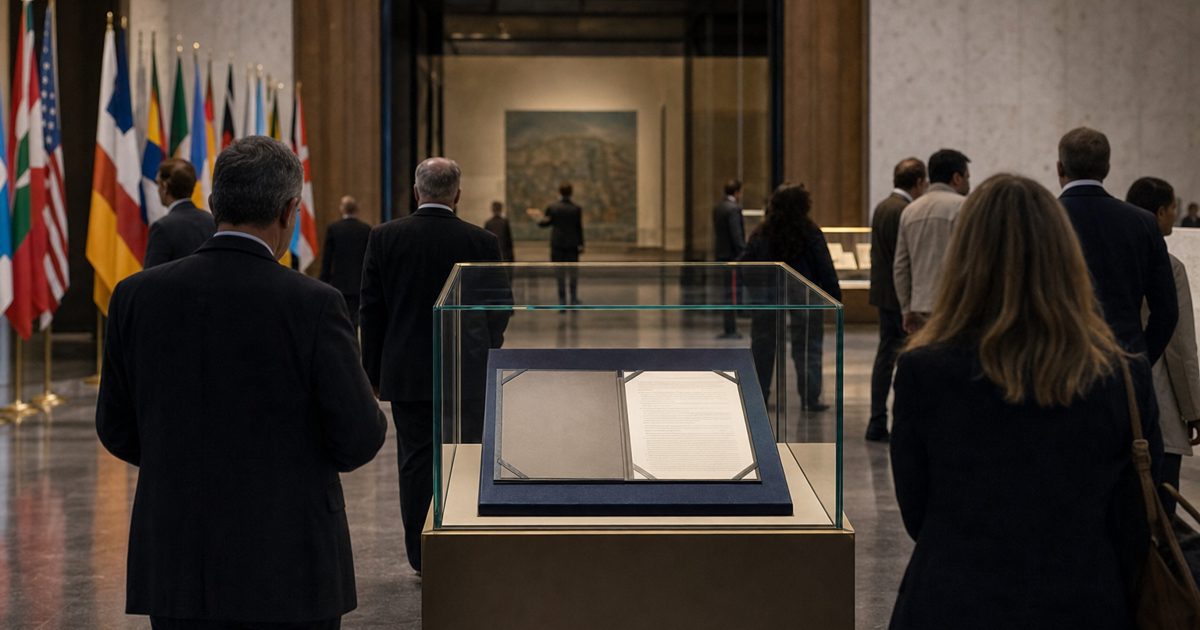 A wide documentary photograph of a modern international museum gallery with a sealed document case at the centre, diplomatic-style architecture, subdued.