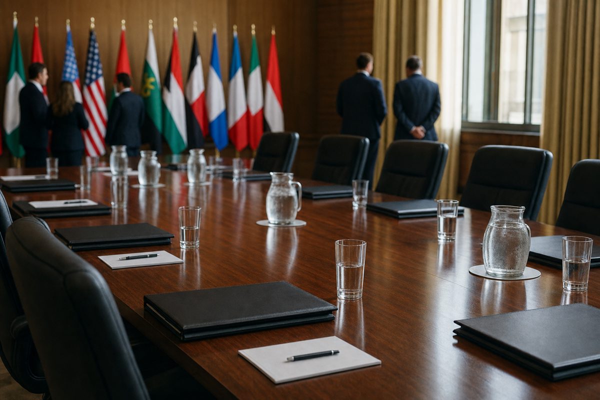 A realistic press photograph of an empty diplomatic negotiating room with national flags out of focus, untouched water glasses, closed folders and vacant.