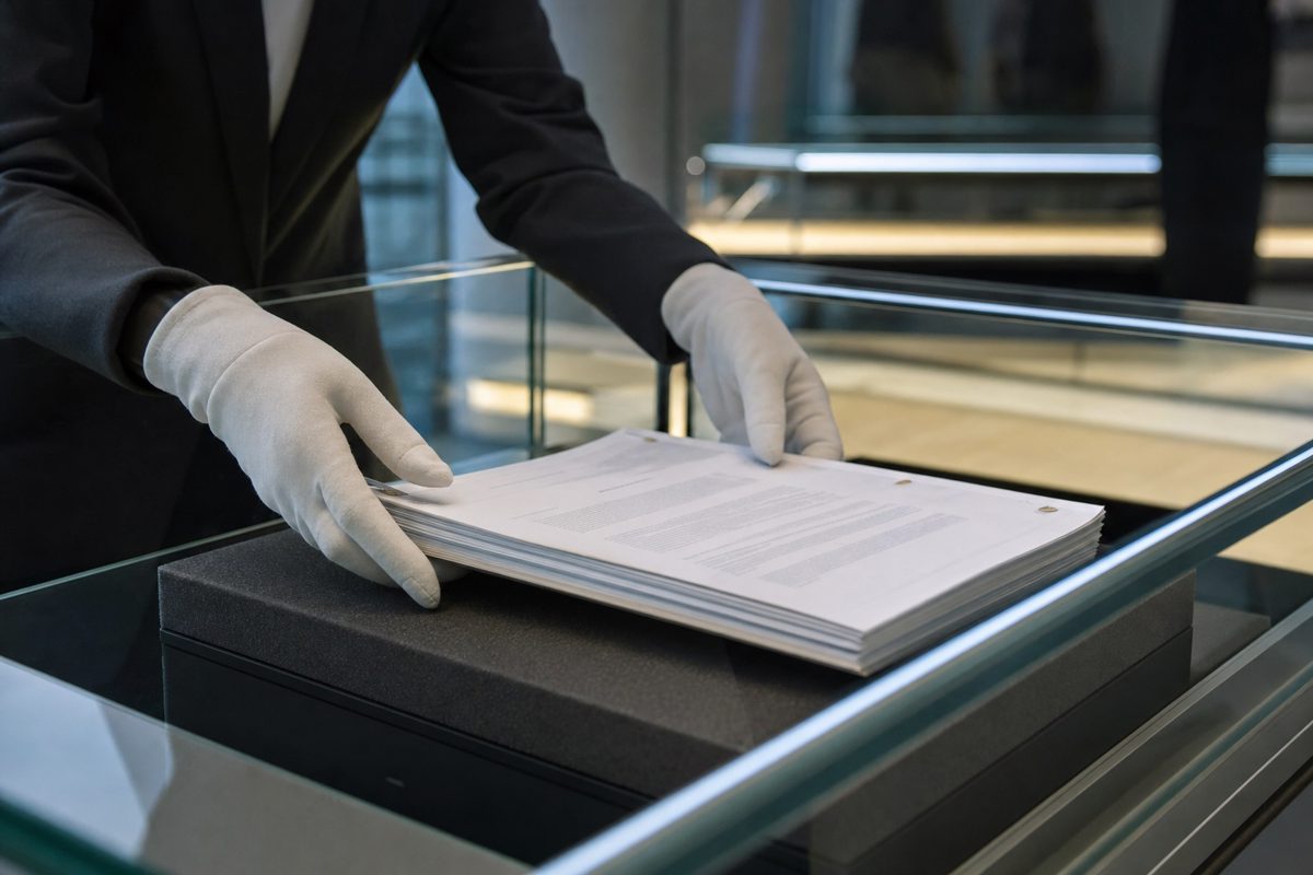 A close news-photography view of gloved museum conservators placing an official-looking multi-page document into a climate-controlled glass case, faces.