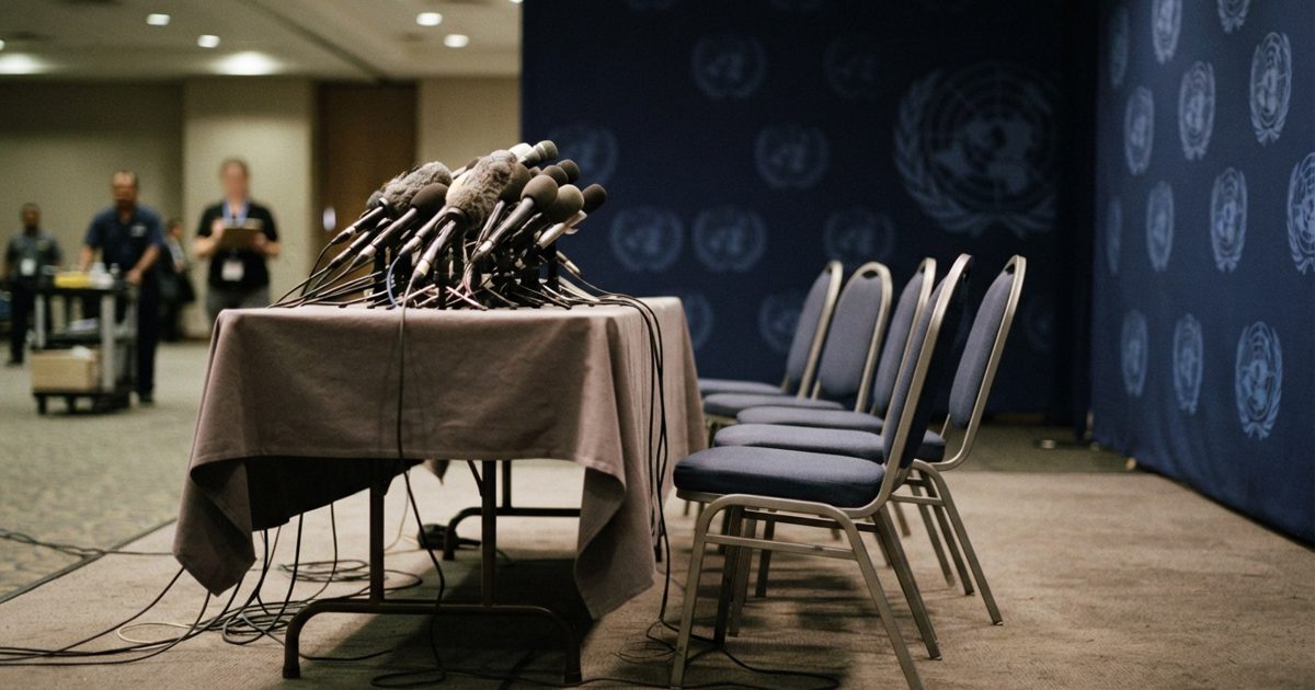 A row of empty, pristine folding chairs sitting behind a cluster of microphones at an international press conference, with a generic blue diplomatic background.