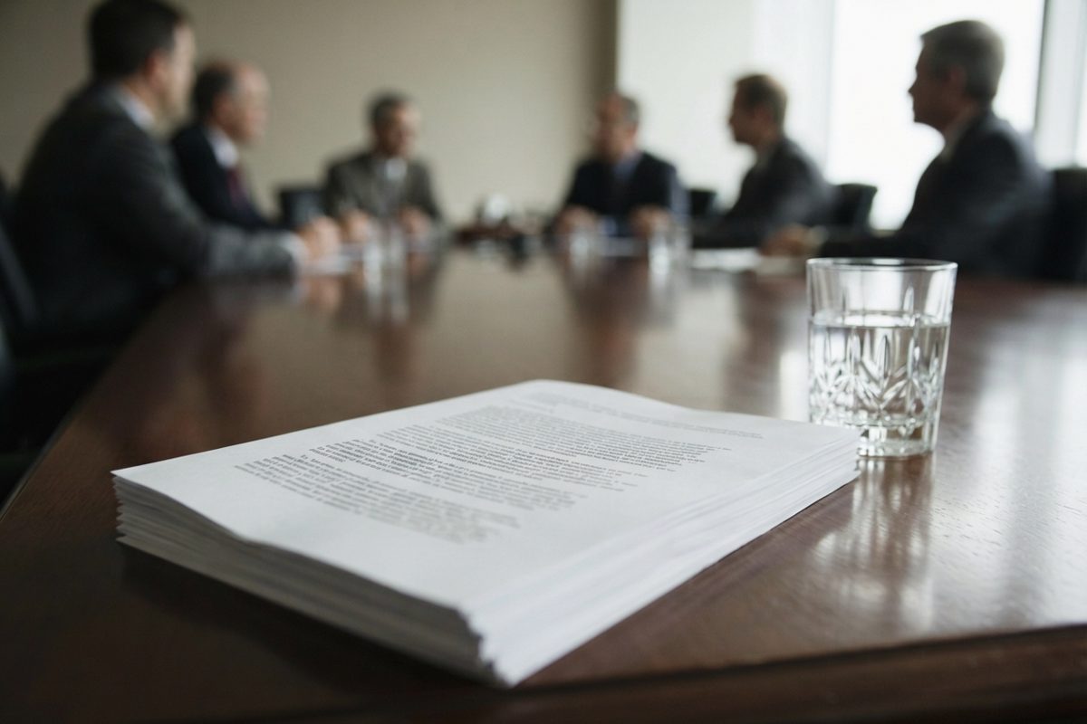 A close-up of a neatly typed, generic press release resting on a highly polished wooden conference table next to a crystal glass of water, far removed from any.