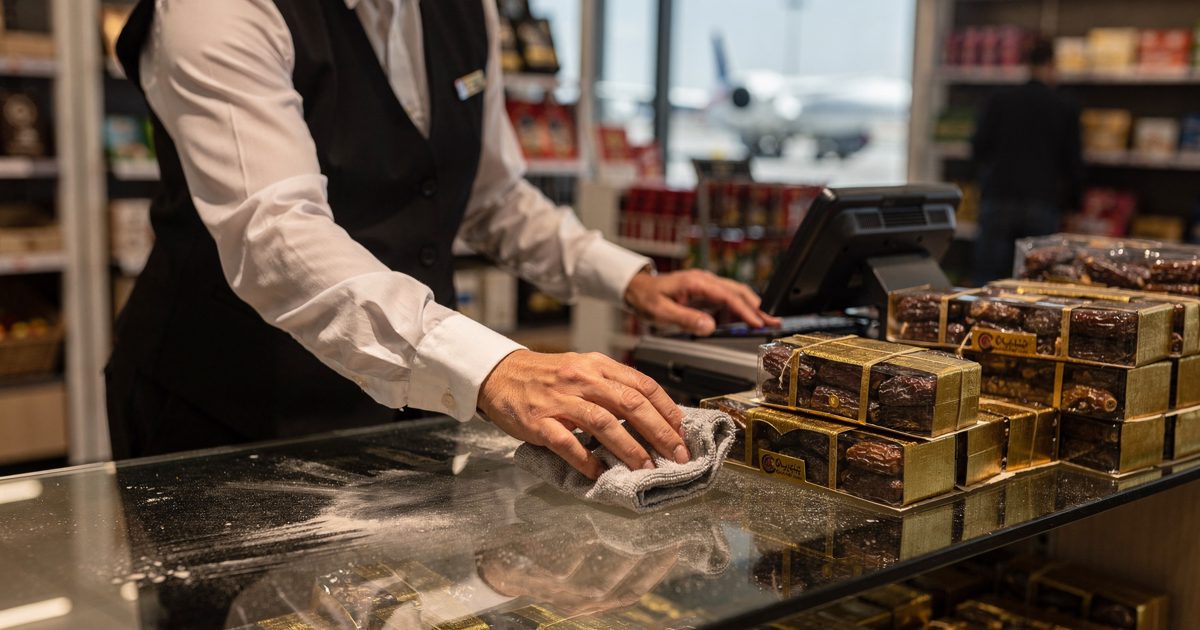 Inside a brightly lit airport gift shop in the morning, a worker cropped at the chin in a black waistcoat wipes grey soot from gold-wrapped boxes of dates.