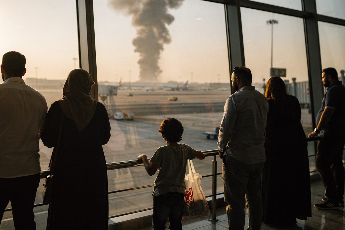 Travellers seen from behind at a tall terminal window in late-afternoon sun watch a dark column of smoke beyond the runway, a child at the rail gripping a.