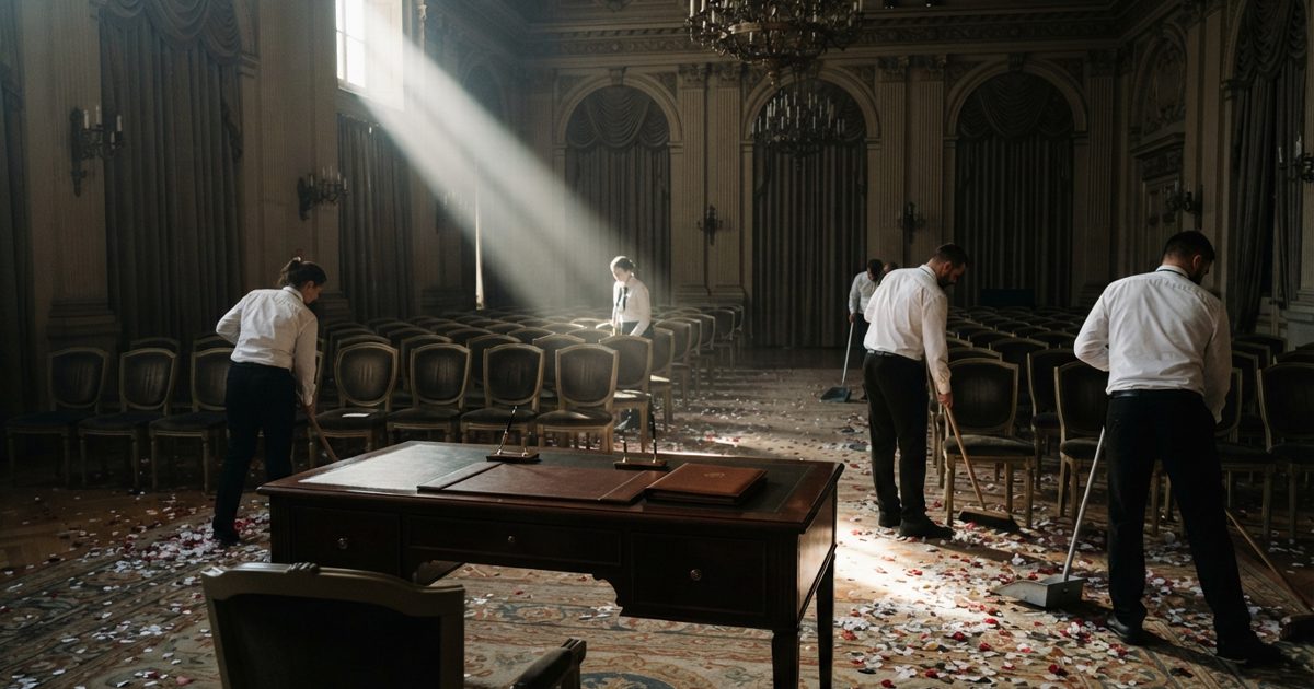 A wide, dramatic photojournalistic shot of a grand, ornately decorated European hall filled with empty, velvet-lined chairs. In the centre, two matching gold.