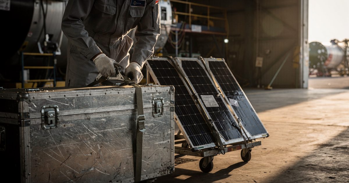 Hard early-morning sun through a hangar door onto a scuffed aluminium transport case, gloved hands ratcheting a strap over a folded solar array panel resting.