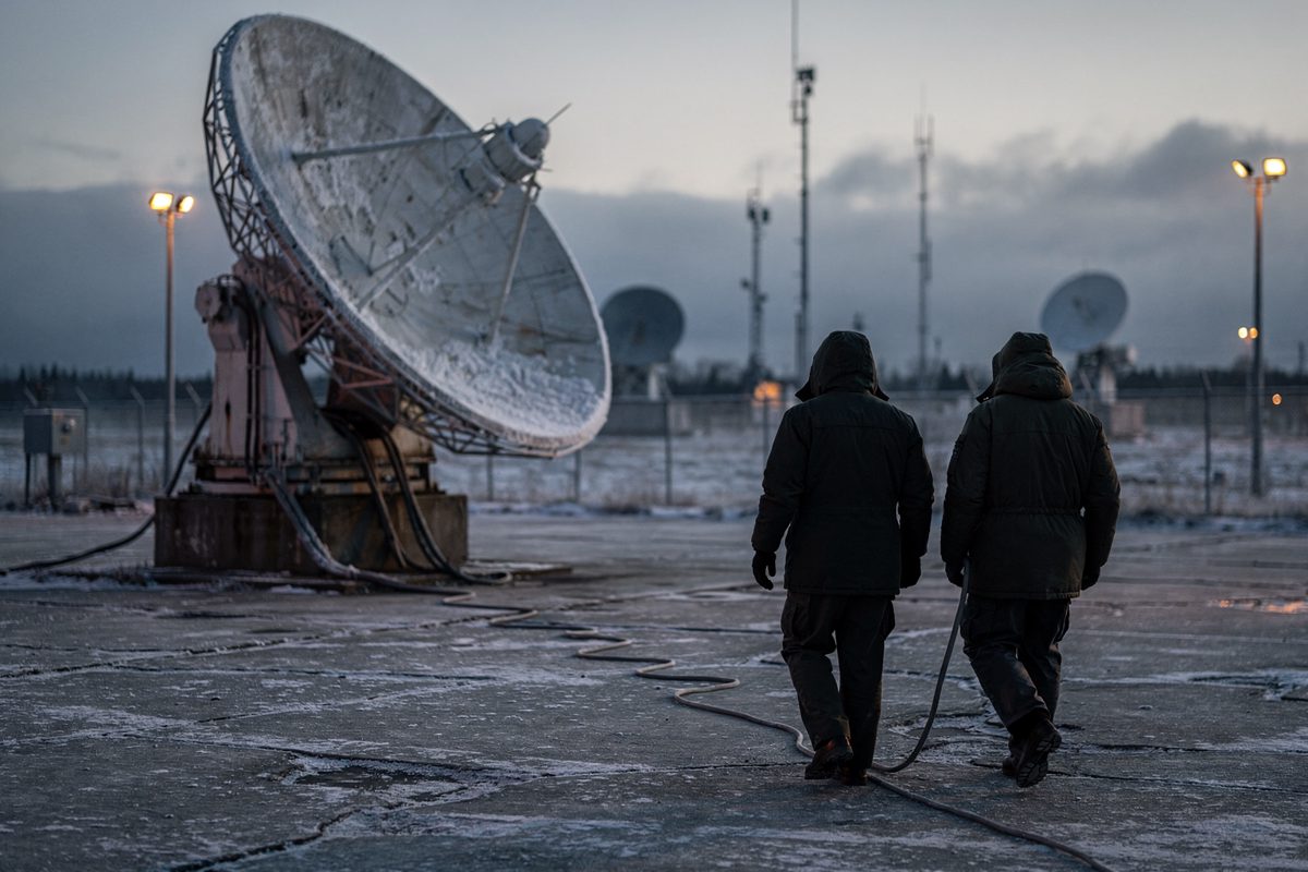 Wide dusk shot of a satellite tracking dish tilted low over a frost-crusted compound apron, two figures in hooded parkas walking away from it with a coiled.