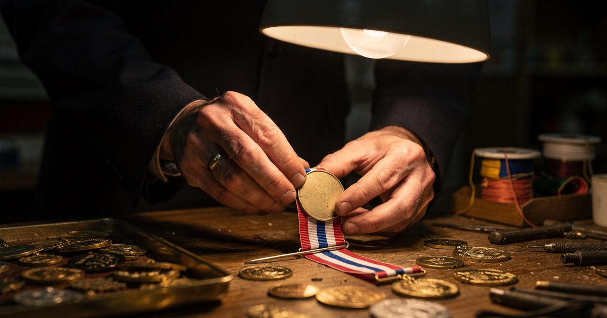 Close detail under a single warm bench lamp in a Moscow state awards workshop at night, a craftsman's fingers in a jeweller's loupe shot from the knuckles down.
