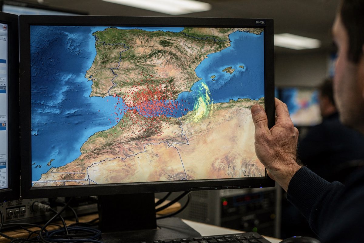 Flat artificial light in a cramped broadcast studio, a technician's hand gripping the edge of a monitor displaying a satellite weather map over the Strait of.