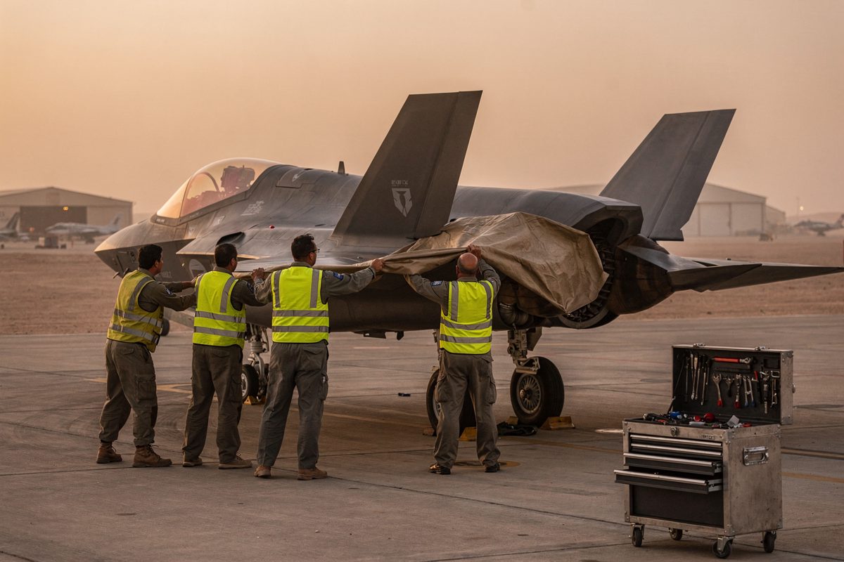 Wide shot at dawn on a desert airbase apron, four ground crew seen from behind hauling a tarpaulin off the raised rear section of a grey fighter fuselage, a.