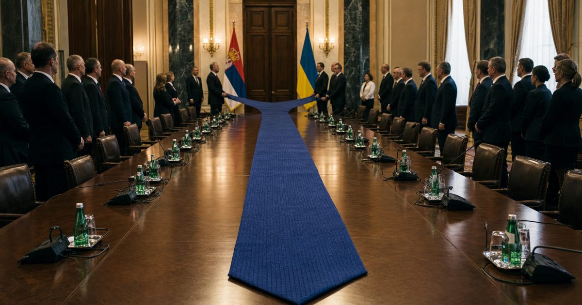 A wide editorial news photograph of two anonymous diplomatic delegations in a formal government conference room, standing at opposite ends of an exceptionally.