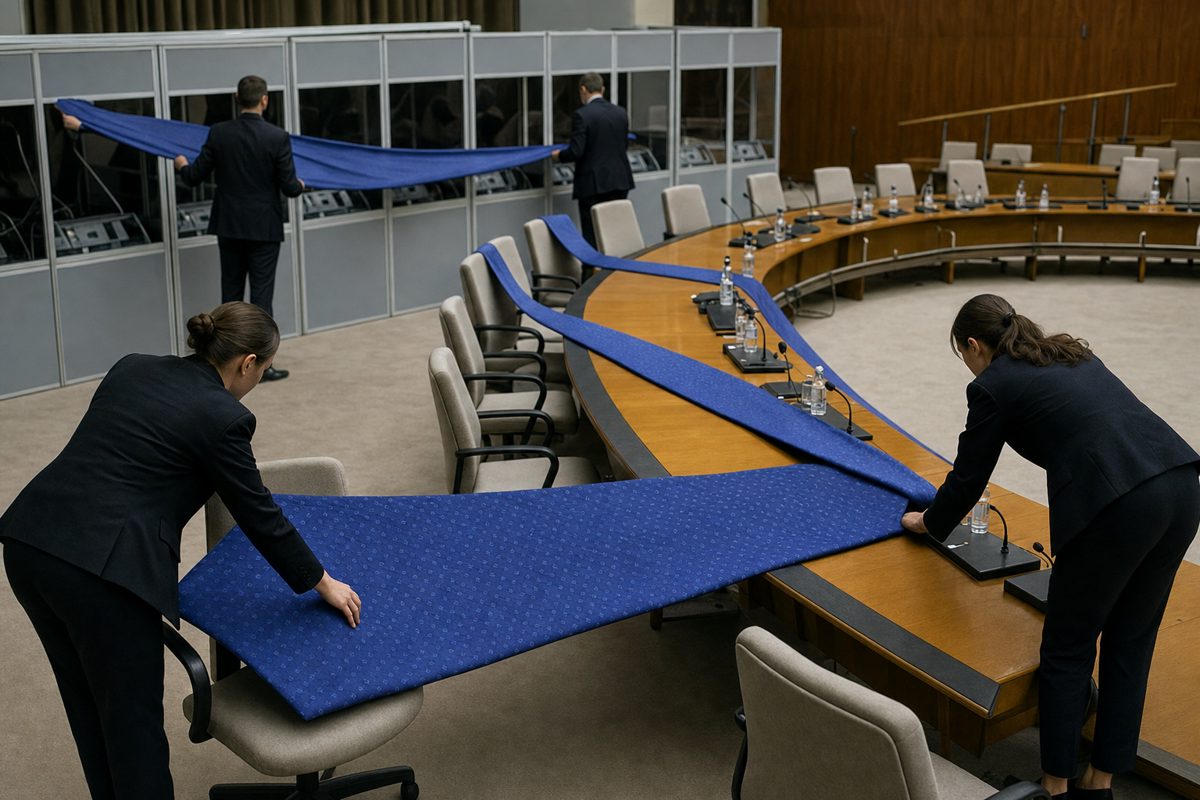 A documentary-style photograph of anonymous protocol staff carefully arranging a huge blue necktie around conference chairs and translation booths before an.