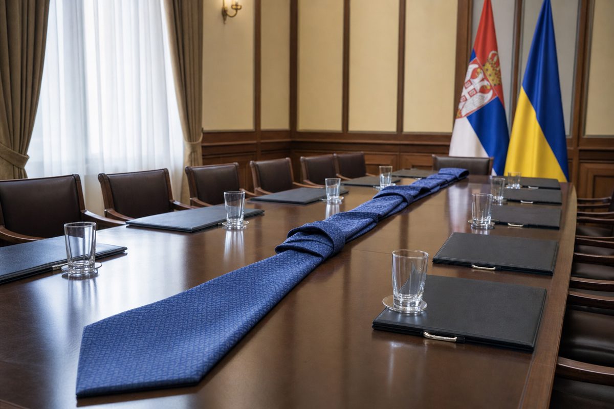 A quiet press photograph of an empty diplomatic conference room after a meeting, with a long blue ceremonial necktie folded across the central table beside.