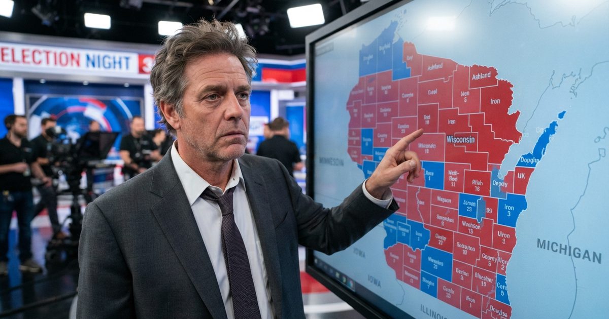 A brightly lit television news studio where a visibly exhausted news anchor stares blankly at a massive, glowing touchscreen map covered in red and blue.