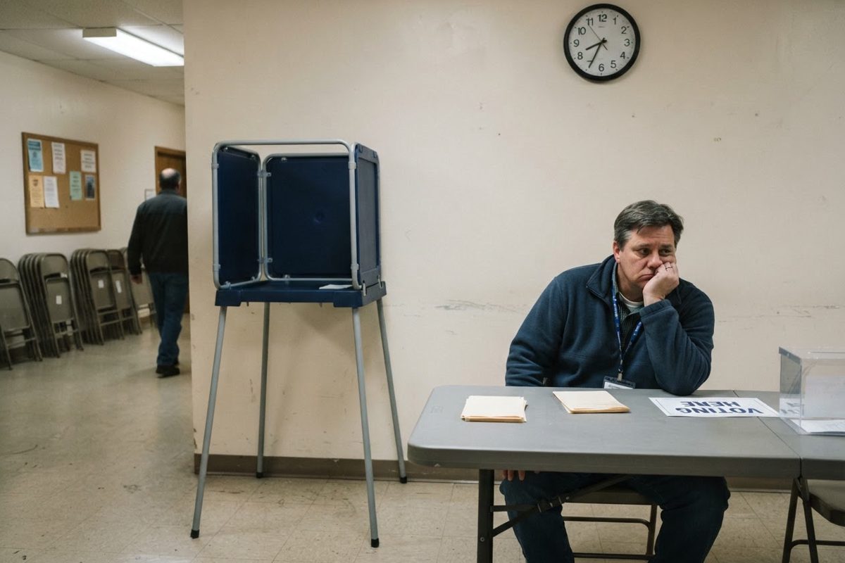 A bland, beige-toned community hall with a single voting booth, a folded plastic table, and a bored poll worker resting their chin on their hand while looking.