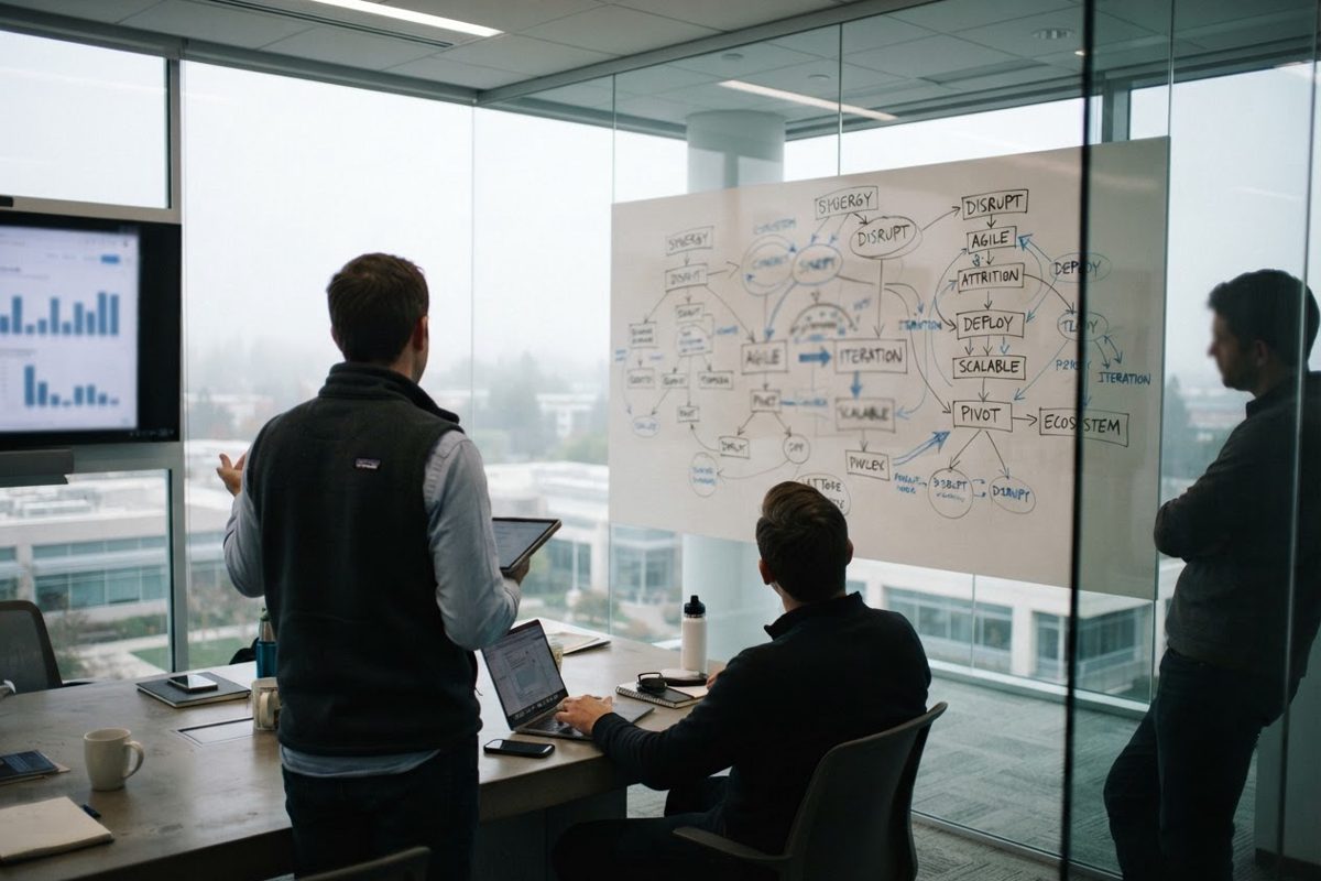 A sleek, glass-walled corporate boardroom with a whiteboard covered in complex flowcharts that combine military terminology with startup buzzwords like.