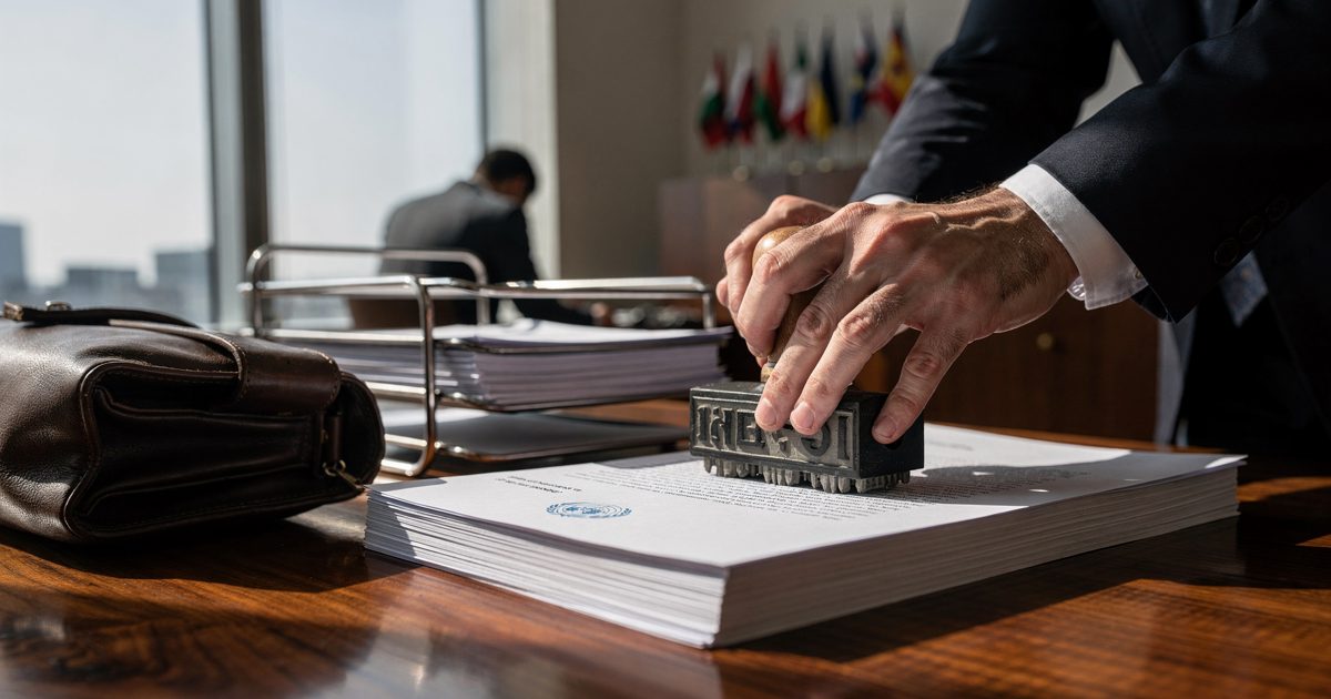 Close-up of an official's hands pressing a rubber date stamp onto a stack of identical unsigned letters on a walnut desk, morning sun cutting through tall.