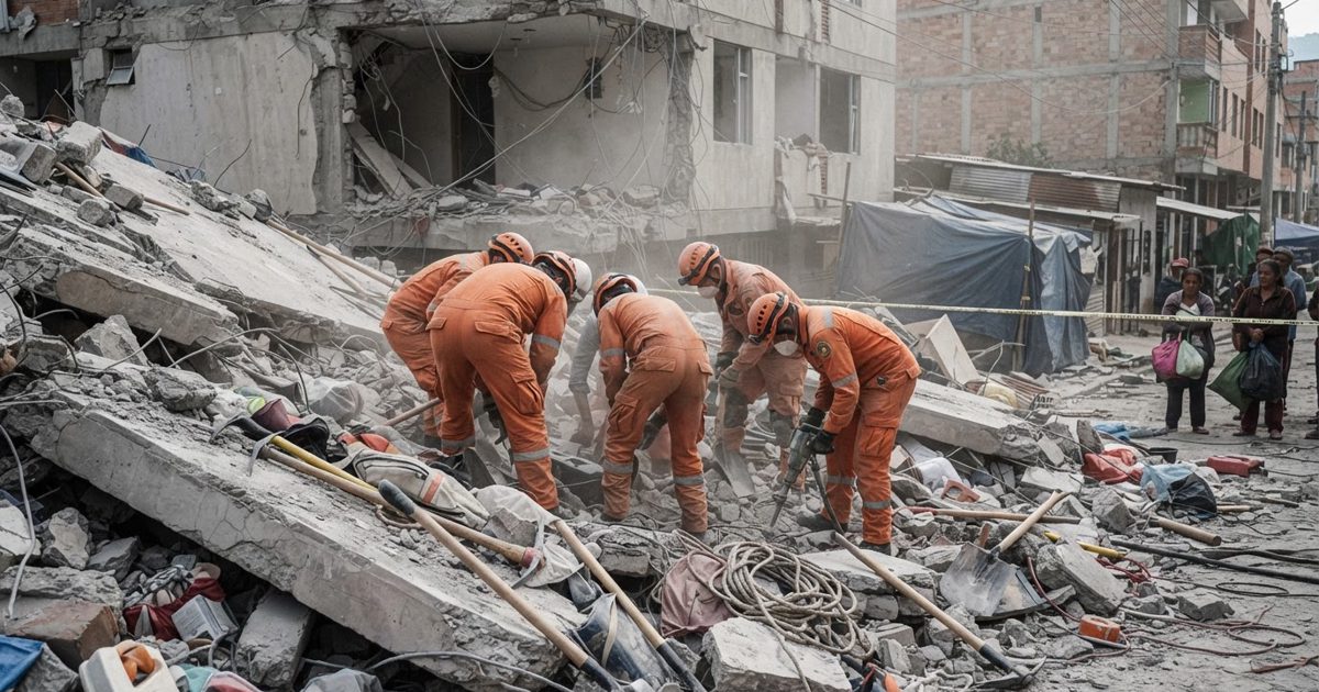 Documentary news photograph of emergency rescue teams carefully searching collapsed concrete buildings after an earthquake in a Colombian city, dust in the.