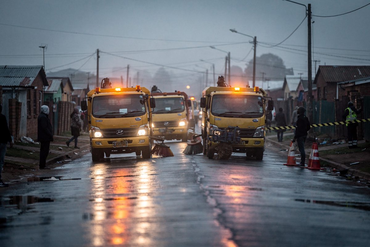 Low angle shot from the pavement of three yellow street-sweeping vehicles parked nose-to-tail on a residential township street at dawn, their hazard lights.