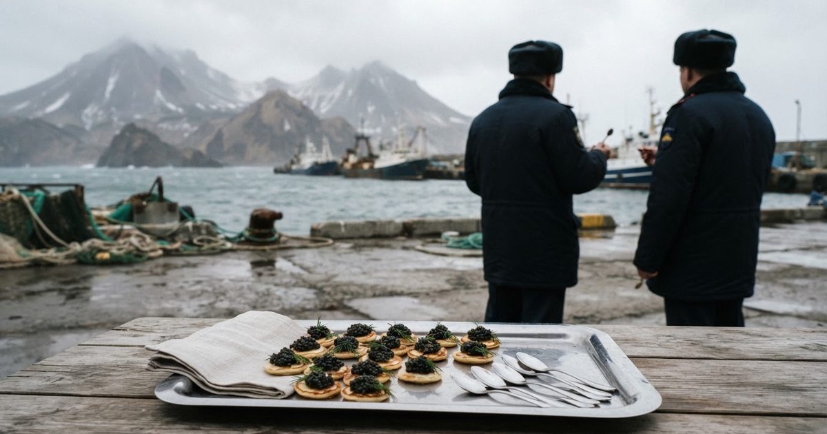 Documentary news photograph on a windswept Kuril Islands harbour: a formal tray of fish roe and small tasting spoons in the foreground, fishing boats and misty.