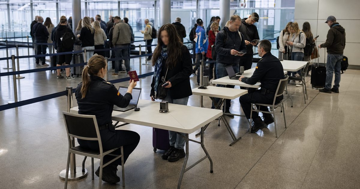A wide editorial news photograph of a temporary passport-control area inside a modern Spanish airport, with uniformed staff checking documents at folding desks.