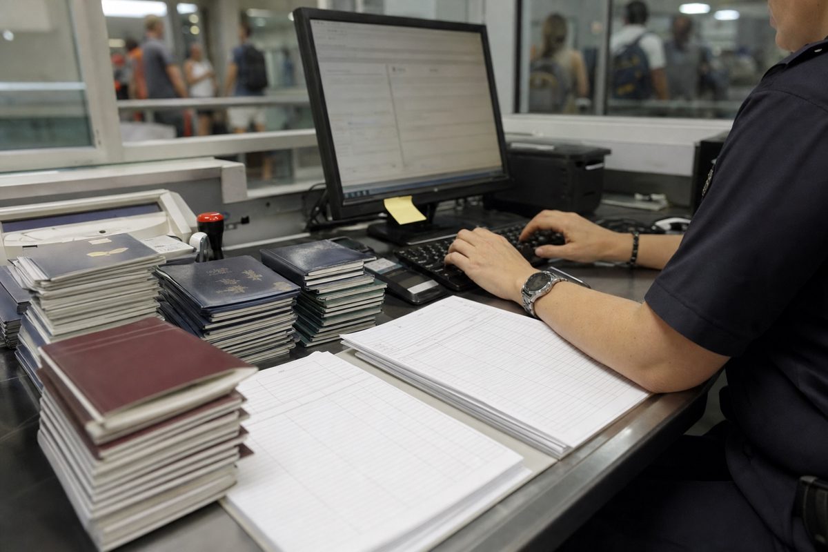 A documentary-style photograph of an anonymous border official entering information into a computer beside stacks of passports and blank administrative forms.