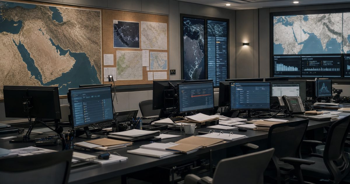 Wide editorial news photograph of an anonymous government crisis room with empty chairs, glowing computer monitors showing generic queue interfaces, wall maps.