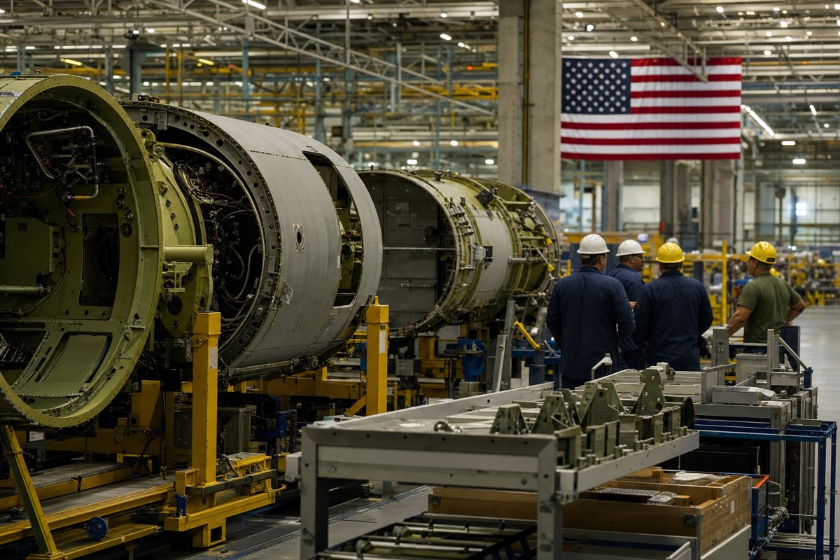 Realistic news photograph inside a large defence manufacturing facility, anonymous workers in safety equipment standing beside unfinished machinery and stacked.
