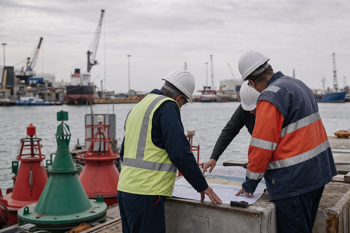 Realistic news photograph of maritime engineers in plain safety helmets studying navigation charts beside buoys on a working harbour quay, faces turned away or.