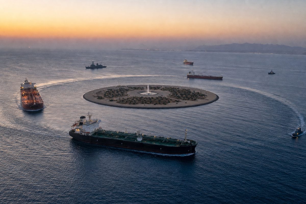 Dusk news photograph of several commercial ships navigating a broad circular course around a small landscaped artificial island with low shrubs and a modest.
